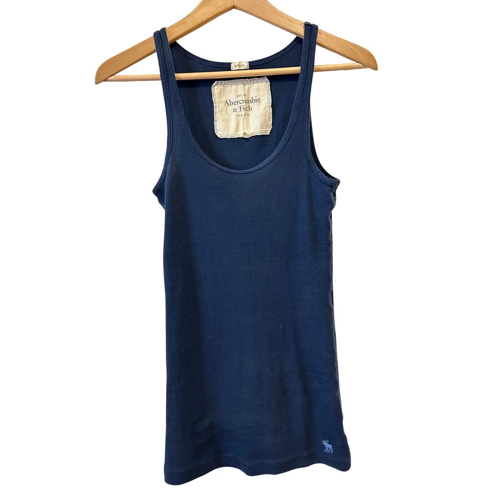 VTG Abercrombie & Fitch Y2K Tank Top Sz M Navy Blue Ribbed Stretch Long Moose